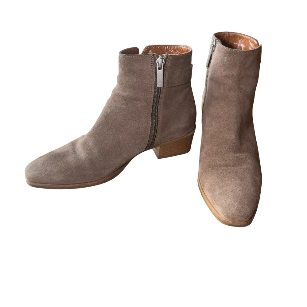 Aquatalia Faria Womens 8 - Taupe Suede Ankle Boots Made in Italy Buckle Side Zip